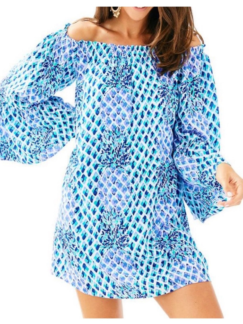 Lilly Pulitzer Nevie Off The Shoulder Toe In Blue White Pineapple Resort